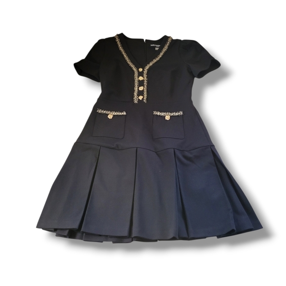 Karl Lagerfeld | NWOT Elegant Black/Gold Tweed-Trim Pleated Midi Dress (SIZE 4) - Picture 3 of 14